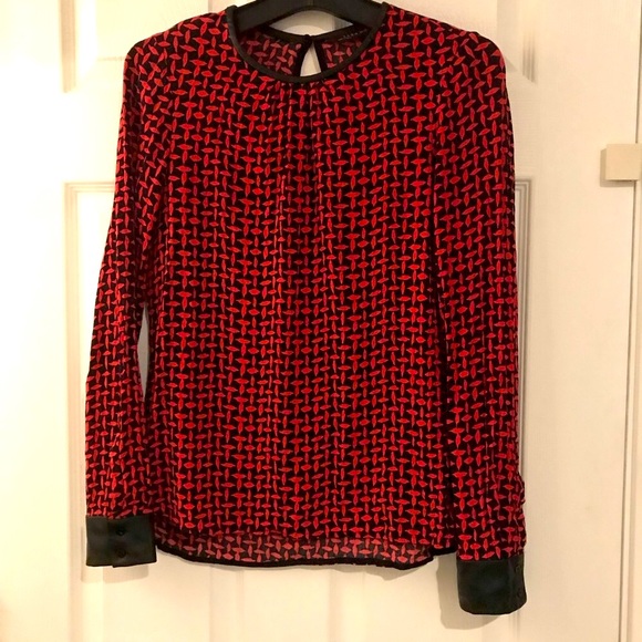 Red Black Zara Woman Blouse Top with faux leather trim cuffs keyhole back small - Picture 1 of 4